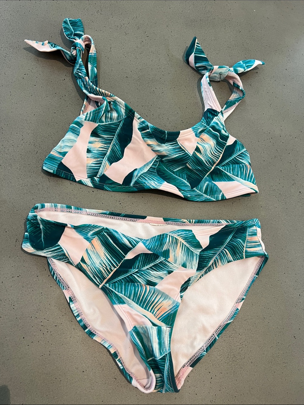 Kids Tropical Leaf Print Bikini Set - Teal & Pink